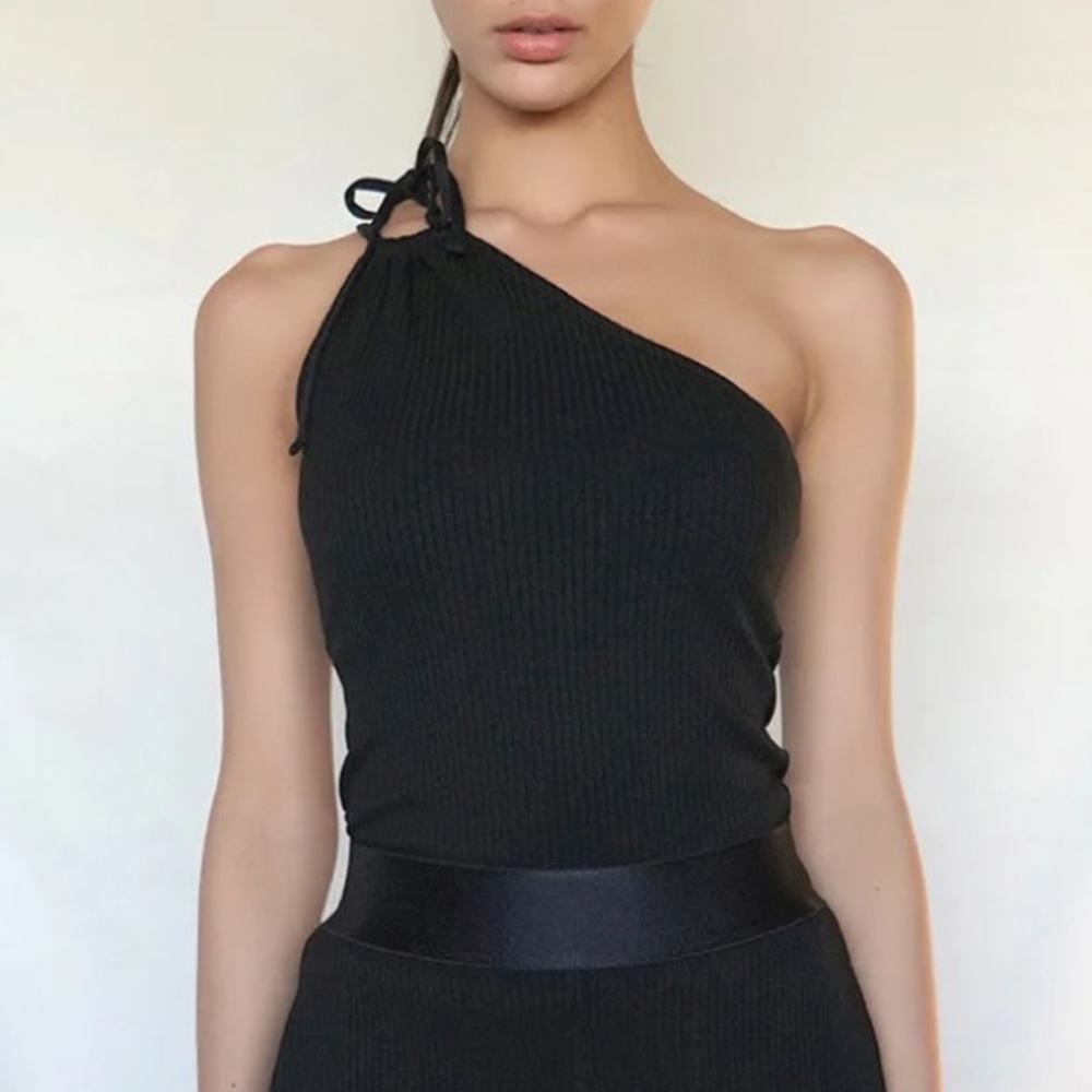 NEW The Range Black Alloy Rib Tied One Shoulder Tank in Large - Picture 1 of 8